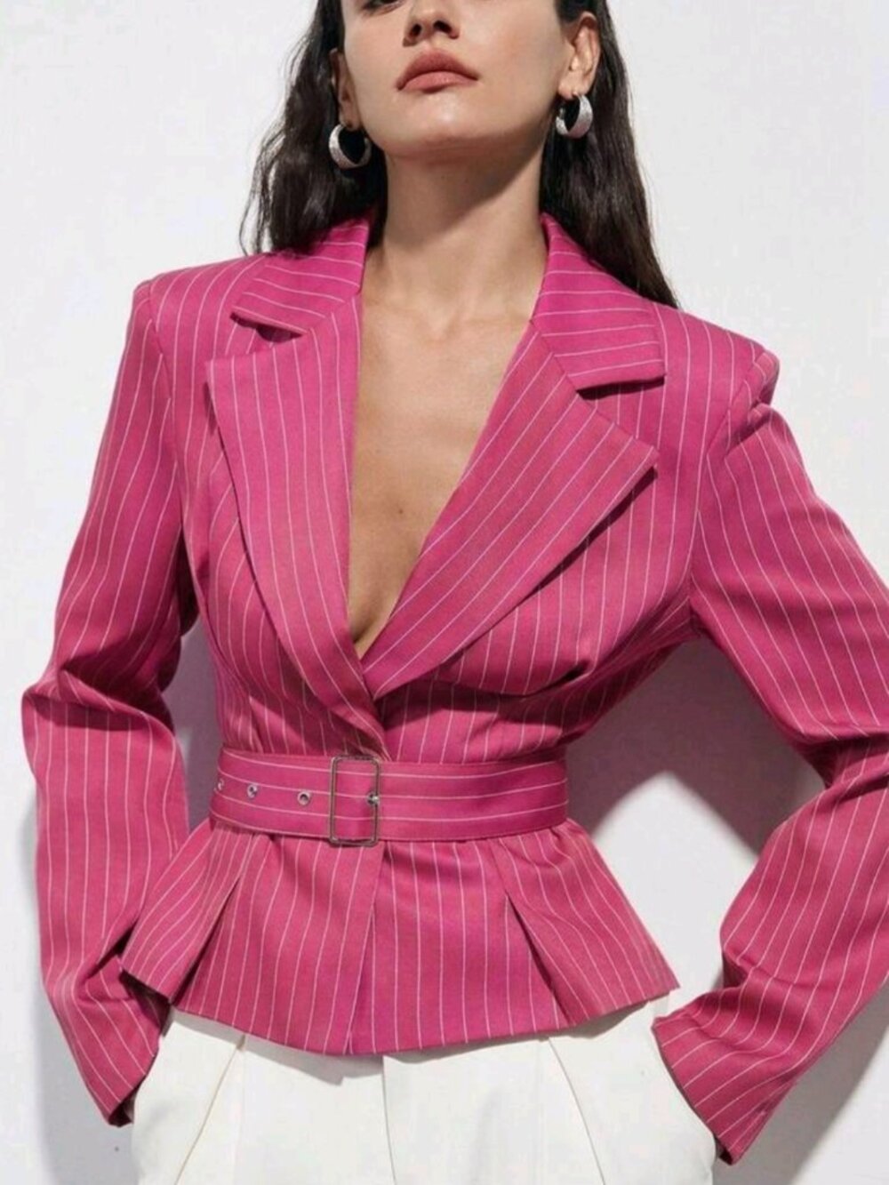 Pink Striped Women's Blazer Jacket, Autumn Chic Office Minimalist Urban Style